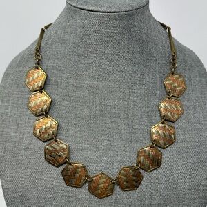 Vintage Artisan Mixed‎ Metal Woven Necklace, copper silver gold tone, geometric